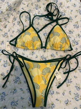 aerie Yellow and Dark Green Scallop-Print Triangle Bikini